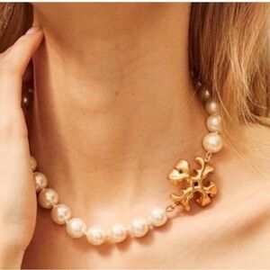 Tory Burch Roxanne  Faux  Pearl Necklace with Gold Logo Pendant NWT